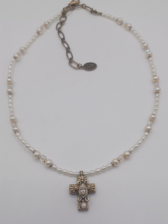 Michal Golan Jewelry - Michal Golan Pearl and Crystal Necklace with 24k EP Gold Cross Pendant